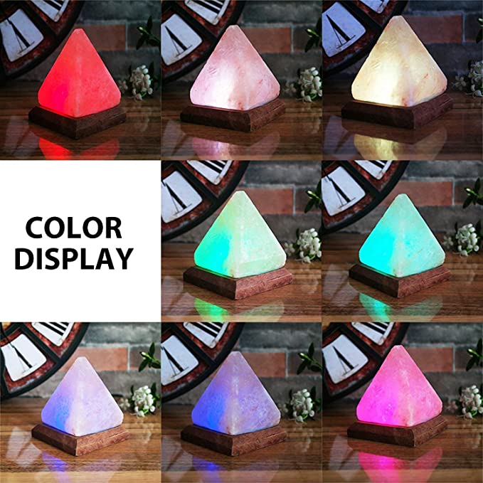USB Multi color Himalayan Salt Lamp Pyramid- Real Wood Base